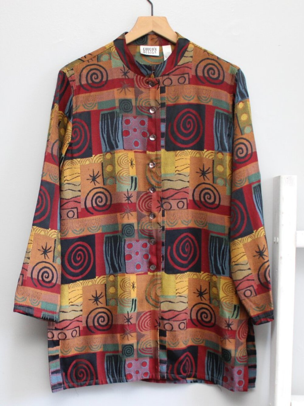 Chico's Design VTG 90s Abstract Printed Mandarin Collar Tunic Jacket Size Medium - Picture 1 of 4